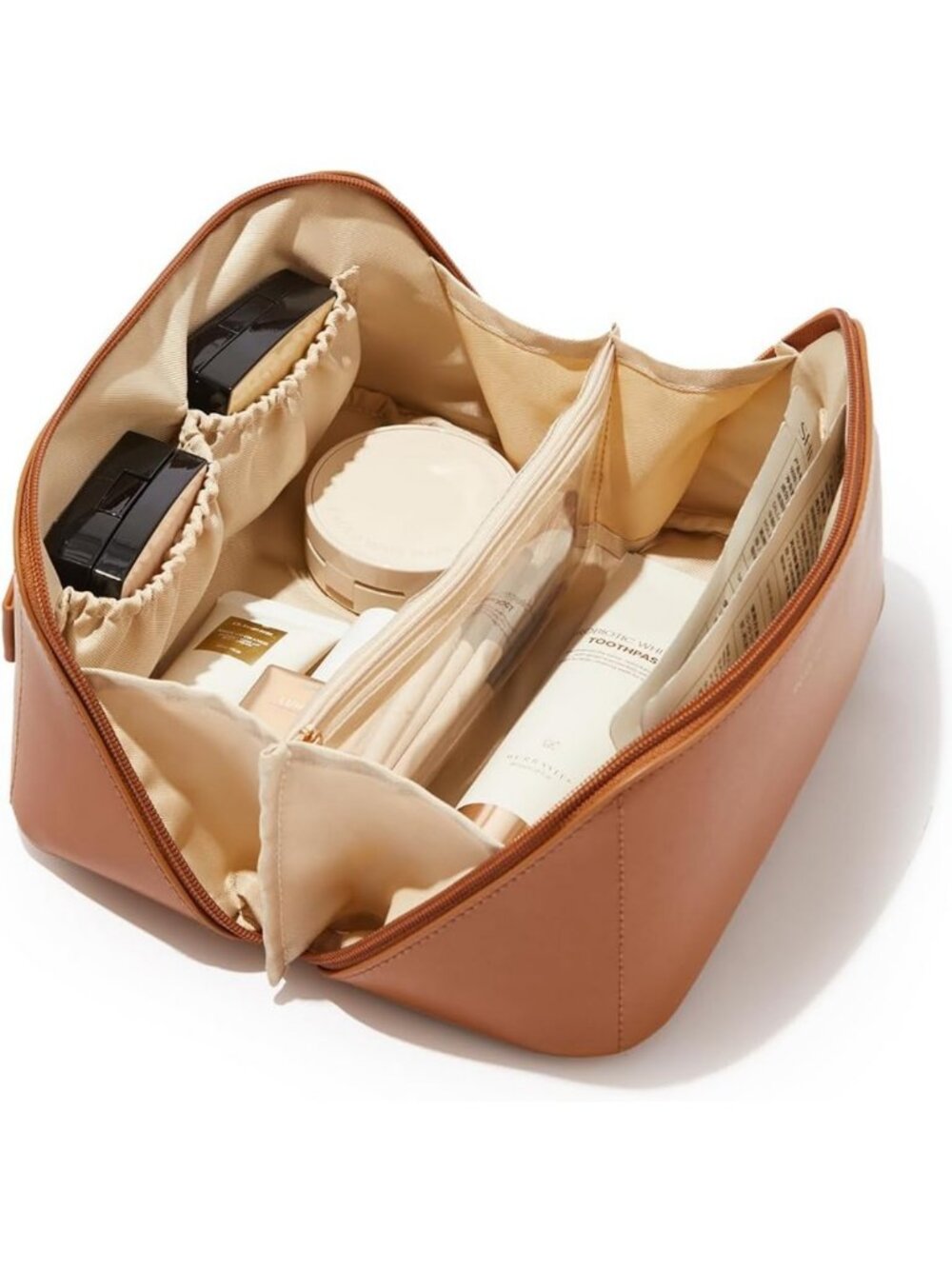 Stylish Medium PU Leather Travel Makeup Bag for Women - Brown Cosmetic Organizer